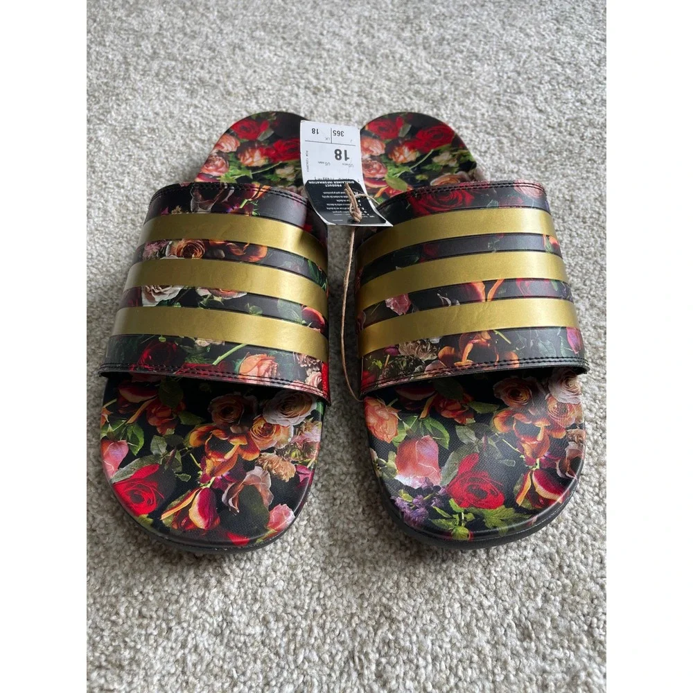 Adidas Adilette Comfort Slides Mens 18 Floral Rose Gold Stripes Sandals EG1850